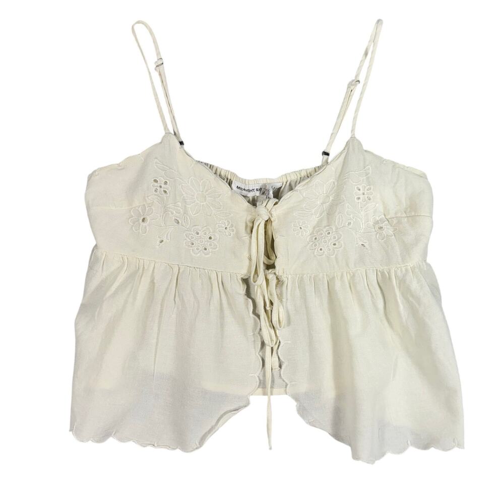 Midnight Sky Eyelet Linen Blend Cami Top M Ivory Lace Up Peasant Coquette Boho